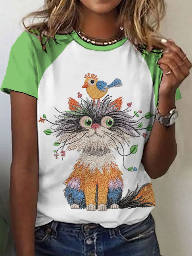 Women's cat and bird print casual t-shirts
