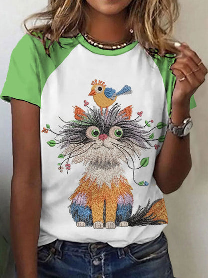 Women's cat and bird print casual t-shirts