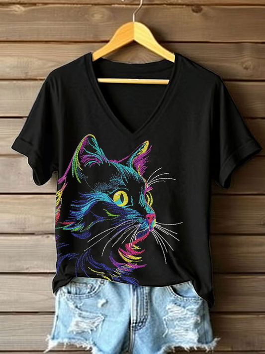 Women's colorful cat print V-neck T-shirts