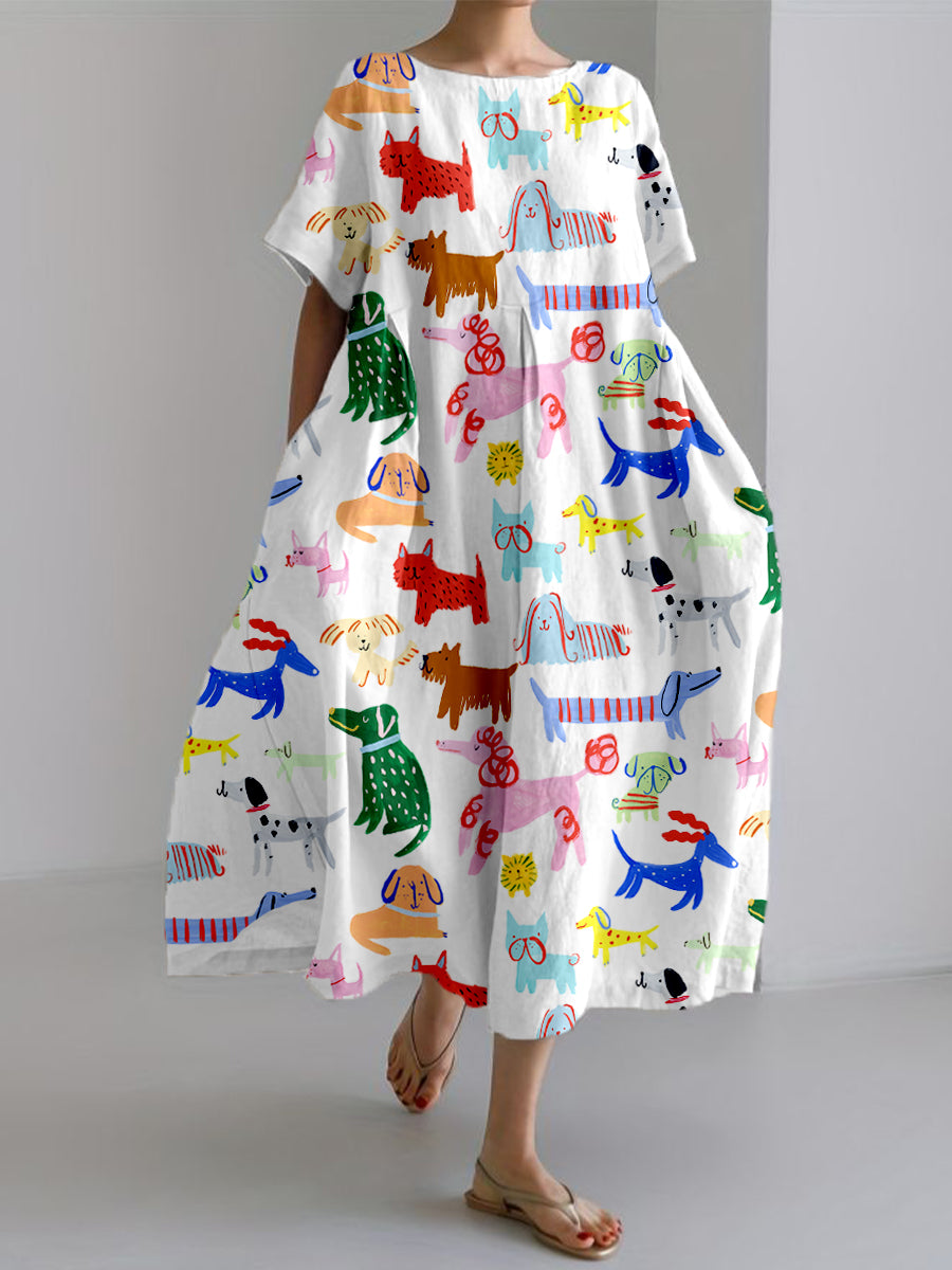 Women's Funny Dog Art Print Linen Dress