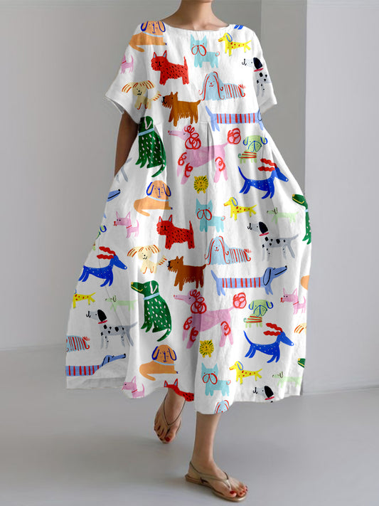 Women's Funny Dog Art Print Linen Dress