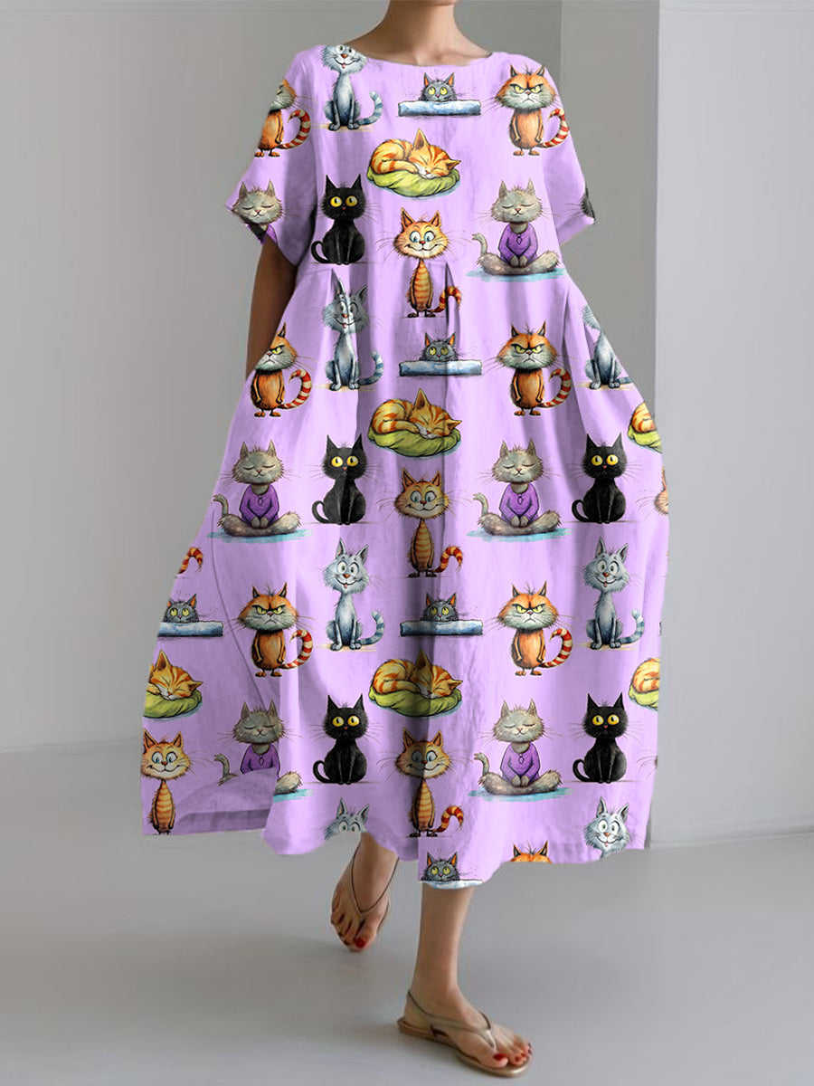 Women's Funny Cat Print Linen Dress