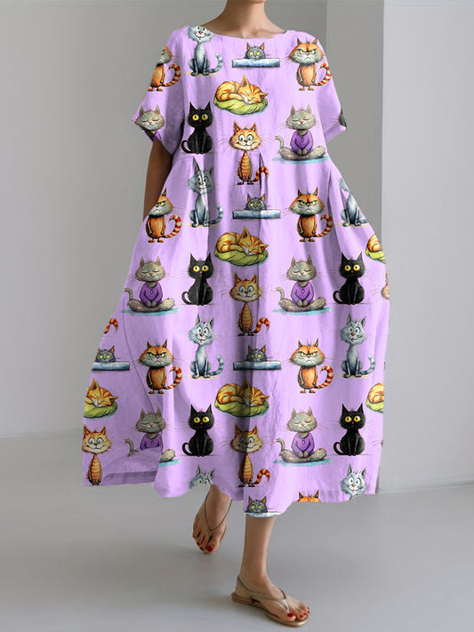 Women's Funny Cat Print Linen Dress
