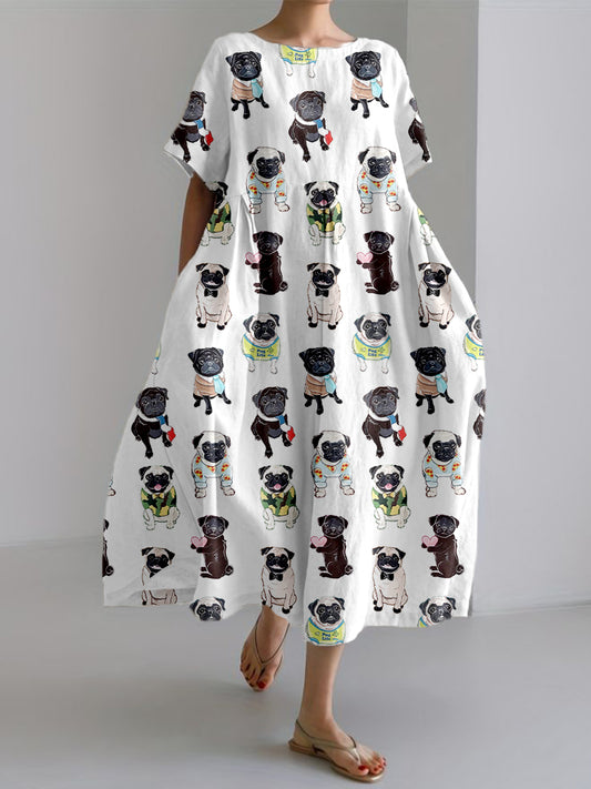 Women's Cute Pug Print Linen Dress
