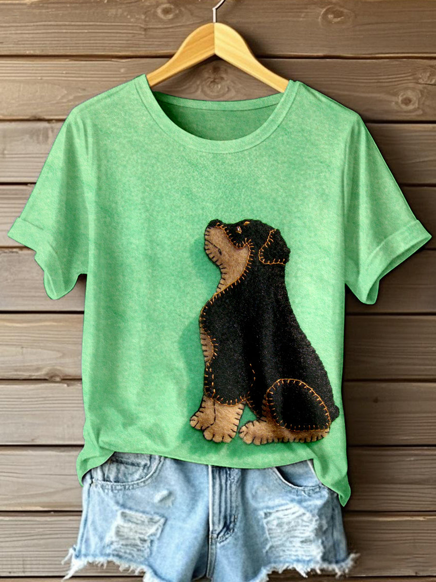 Women's Loyal Dog Pattern Felt Art T-Shirt