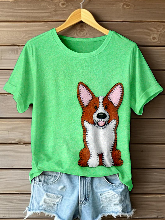 Women's Cute Corgi Pattern Felt Art T-Shirt