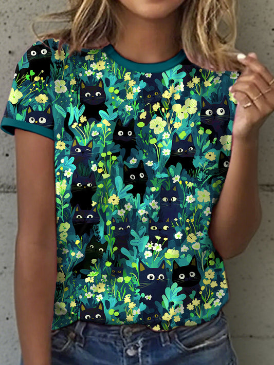 Women's Black Cat Art Print T-Shirt