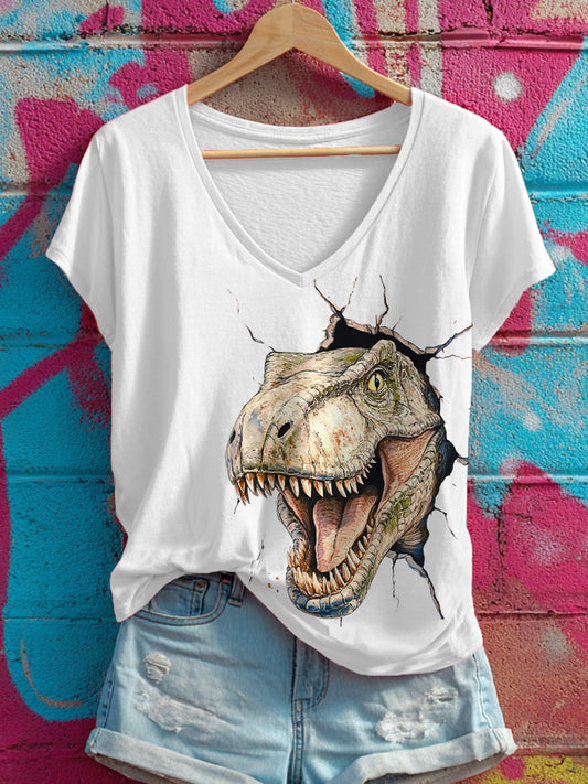 Women's T-Rex printed V-neck T-shirts
