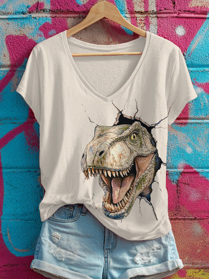 Women's T-Rex printed V-neck T-shirts