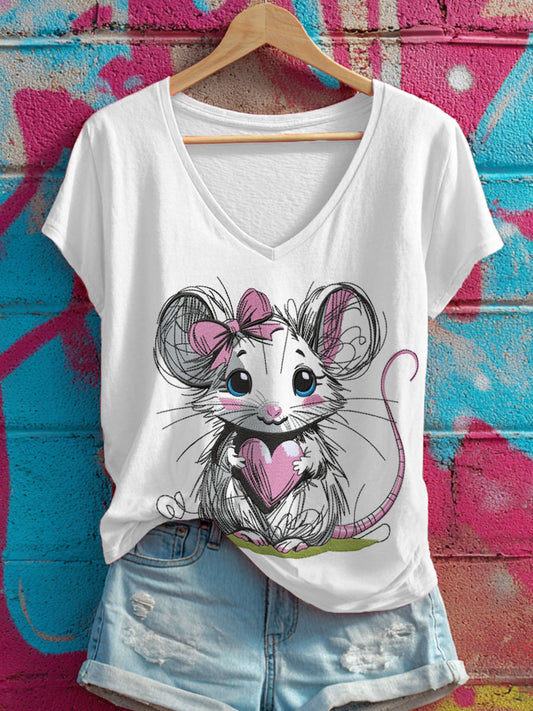 Women's Cute Mouse Print V-Neck T-Shirts