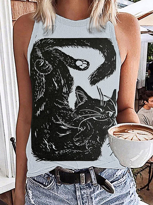 Women's Funny Sleeping Cat Printed O-neck Vests