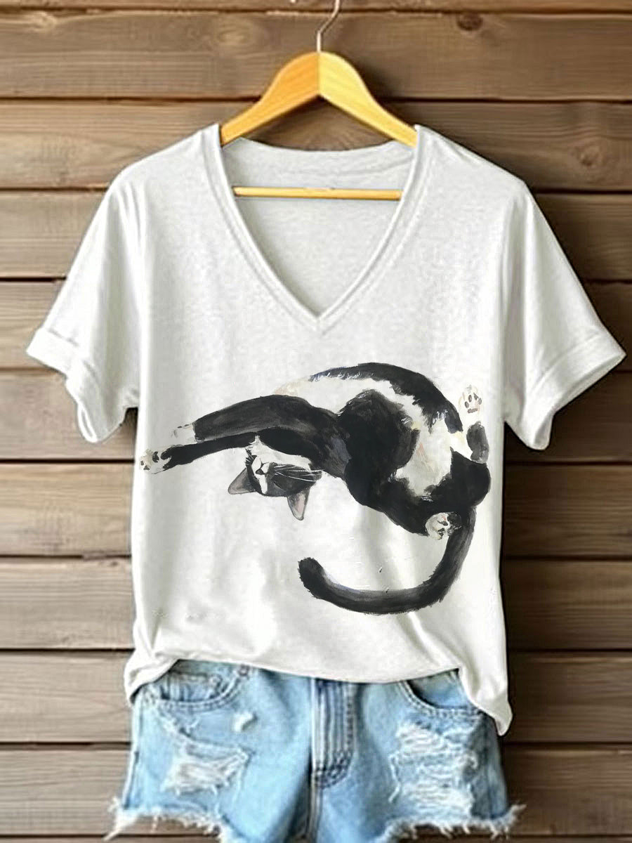 Women's Watercolor Sleeping Cat Printed V-neck Short Sleeve T-shirt