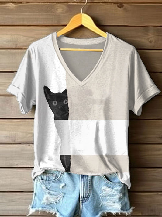 Women's Watercolor Abstract Black Cat Printed V-neck Short Sleeve T-shirt