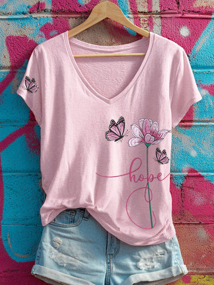 Women's Hope Floral and Butterfly V-Neck T-Shirts
