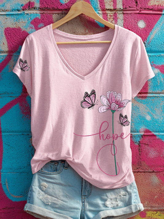 Women's Hope Floral and Butterfly V-Neck T-Shirts