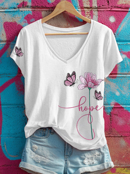 Women's Hope Floral and Butterfly V-Neck T-Shirts