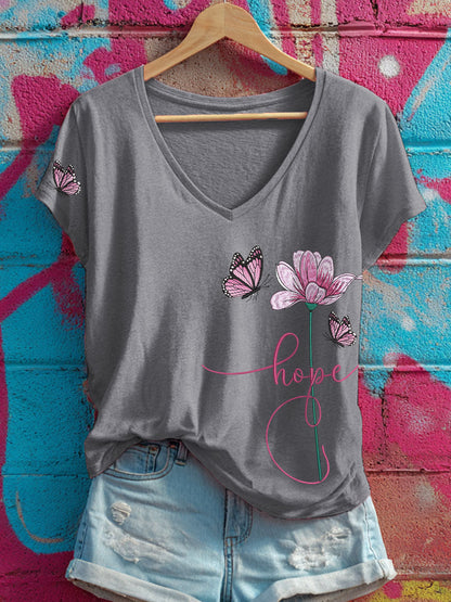 Women's Hope Floral and Butterfly V-Neck T-Shirts