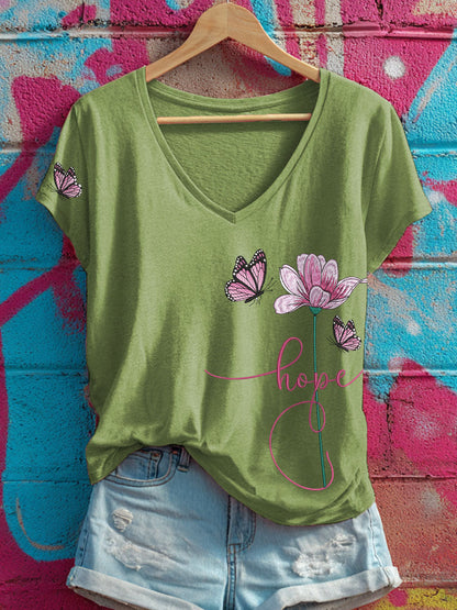 Women's Hope Floral and Butterfly V-Neck T-Shirts