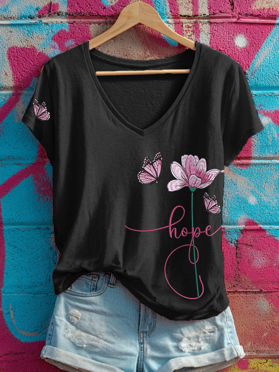 Women's Hope Floral and Butterfly V-Neck T-Shirts