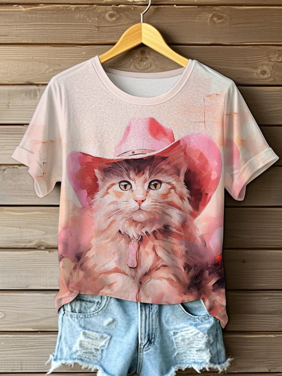 Women's Funny Cowboy Cat Printed O-neck Short Sleeve T-shirt
