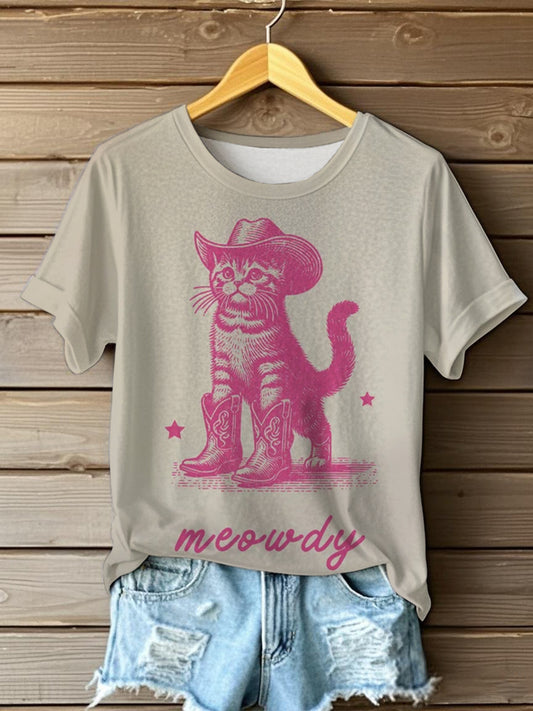 Women's Funny Cowboy Cat Printed O-neck Short Sleeve T-shirt