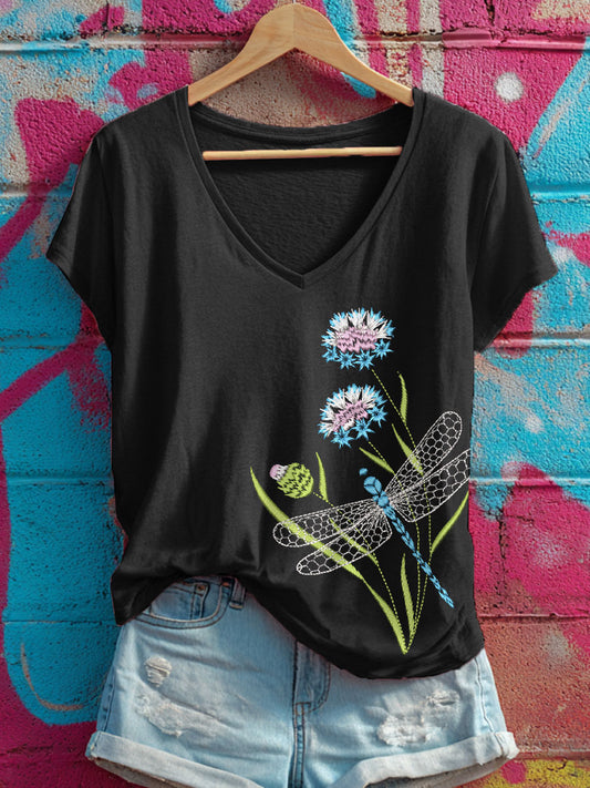 Women's floral and dragonfly V-neck T-shirts