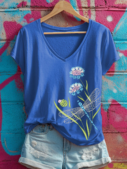 Women's floral and dragonfly V-neck T-shirts
