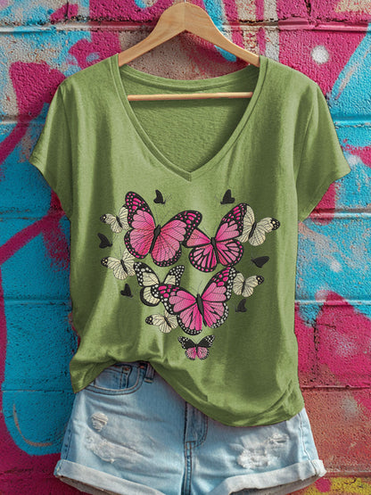 Women's Heart-shaped pink butterfly V-neck T-shirts