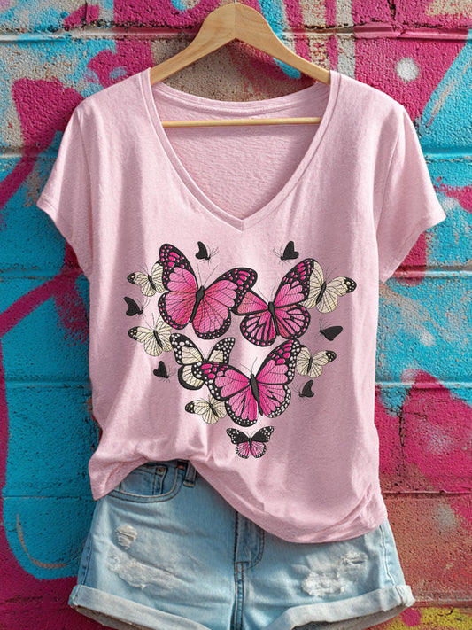 Women's Heart-shaped pink butterfly V-neck T-shirts