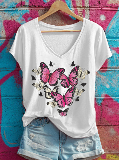 Women's Heart-shaped pink butterfly V-neck T-shirts