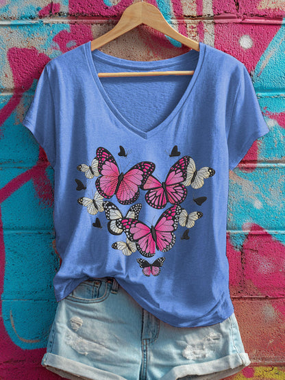 Women's Heart-shaped pink butterfly V-neck T-shirts