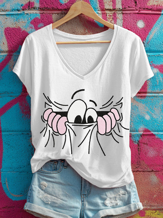 Women's pocket eyes V-neck T-shirts