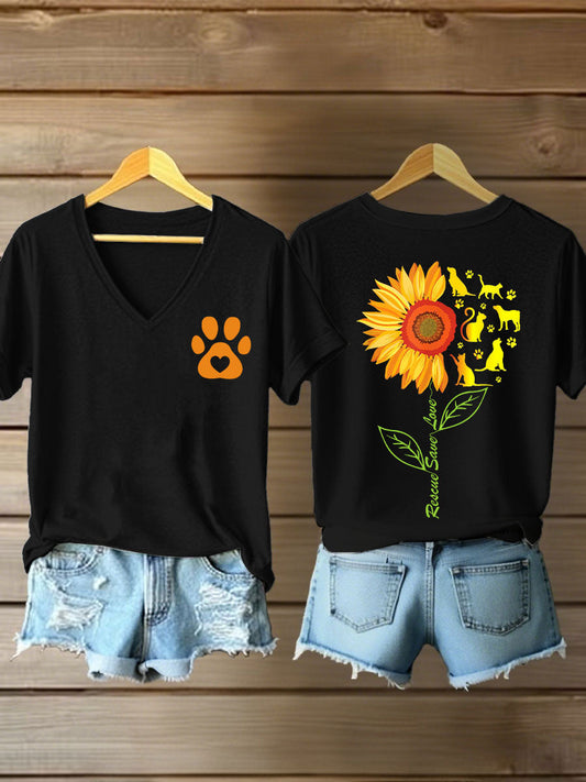 Women's rescate save love Sunflower V-neck T-shirts