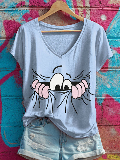 Women's pocket eyes V-neck T-shirts