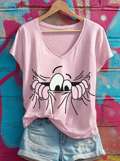 Women's pocket eyes V-neck T-shirts