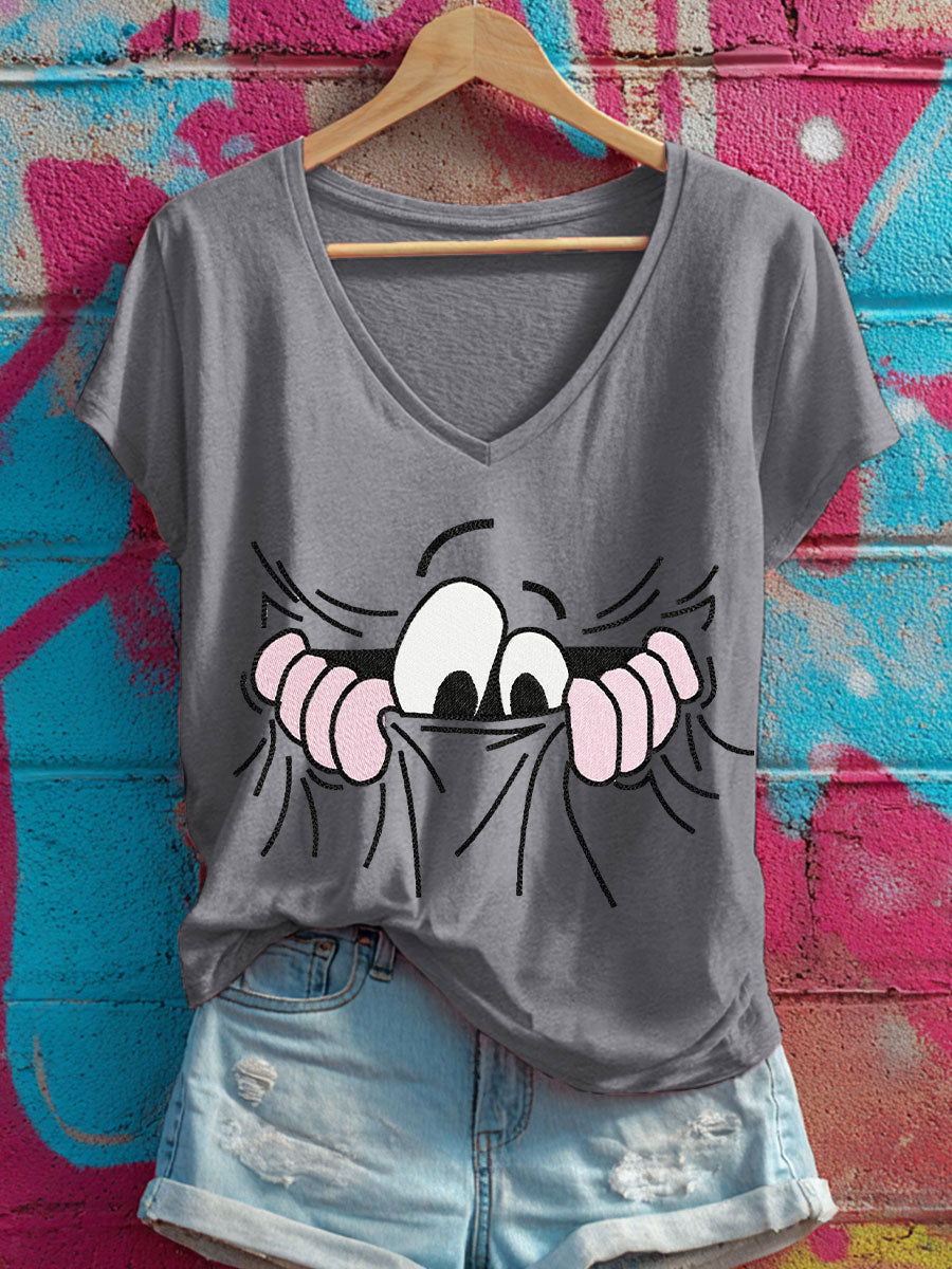 Women's pocket eyes V-neck T-shirts