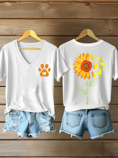 Women's rescate save love Sunflower V-neck T-shirts