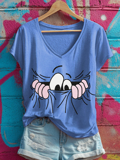 Women's pocket eyes V-neck T-shirts