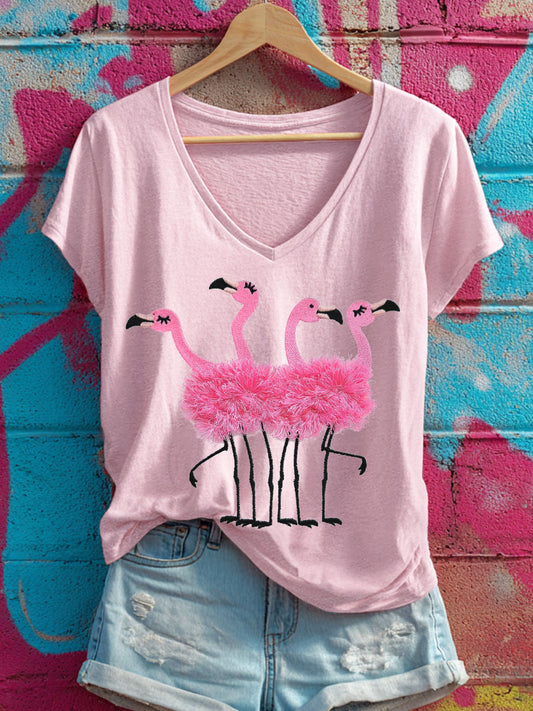 Women's Pink Flamingo V-Neck T-Shirts