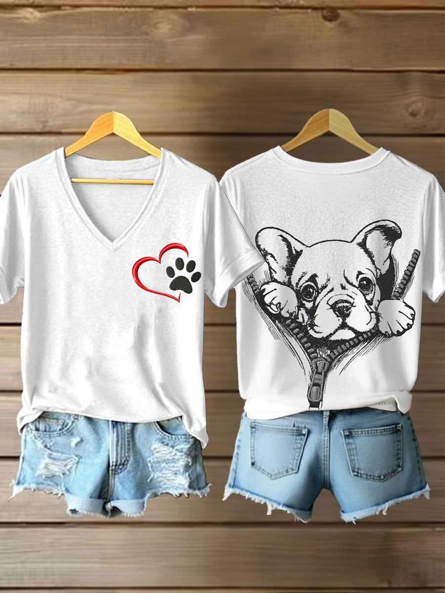 Women's zippered dog print V-neck T-shirts