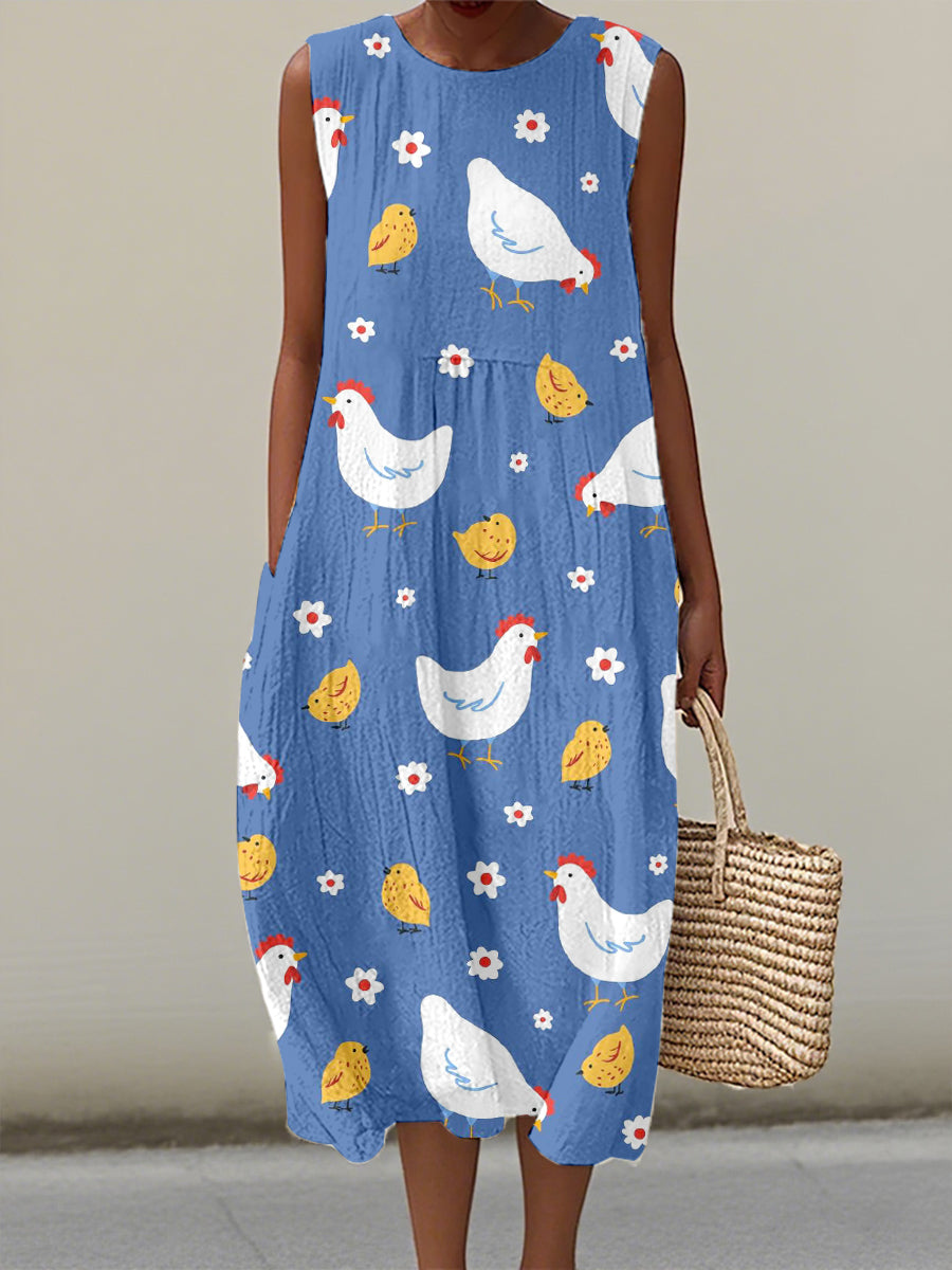 Women's Farm Chicken Print Linen Dress