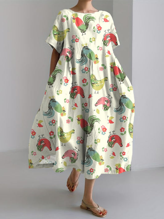 Women's Farm Chicken & Floral Print Linen Dress