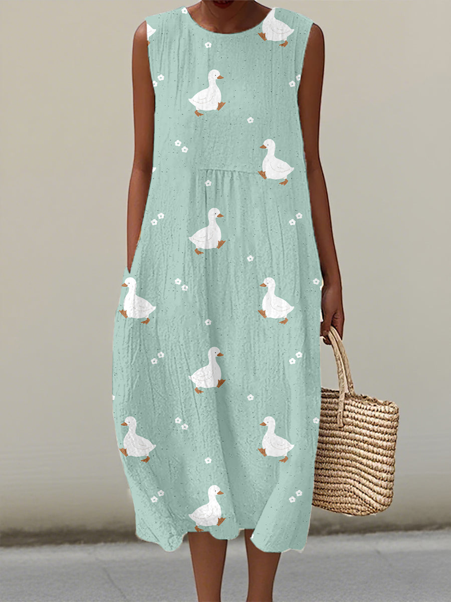 Women's Cute Duck Art Print Linen Dress
