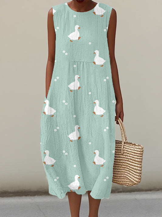 Women's Cute Duck Art Print Linen Dress