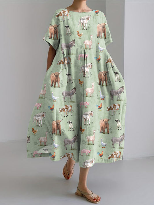 Women's Farm Animals Print Linen Dress