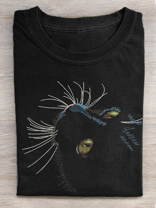 Women's Cat Embroidered Short Sleeve T-Shirt