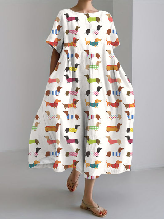 Women's Dachshund Art Print Linen Dress