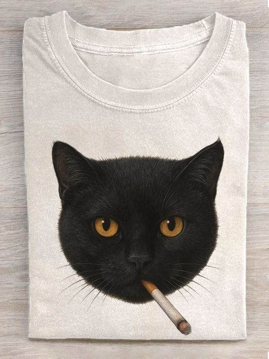 Women's Smoking Cat Art Print Short Sleeve T-Shirt