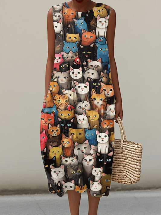 Women's Funny Cat Art Print Linen Dress