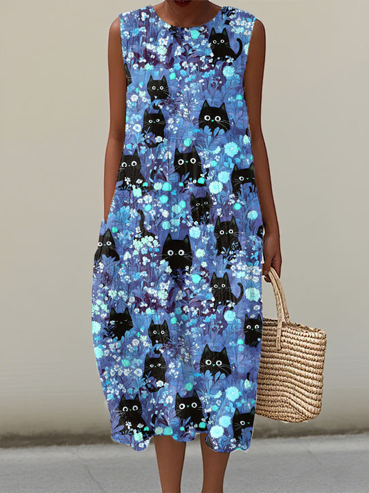 Women's Black Cat Art Print Linen Dress